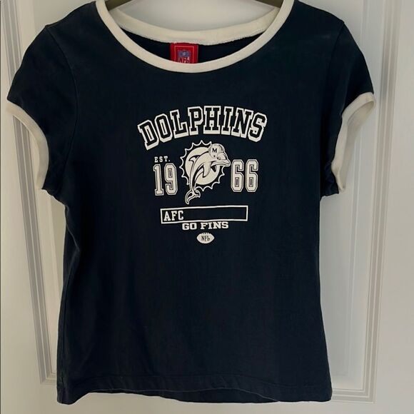 NFL Women’s Dolphins Navy  T-Shirt White Graphics with a touch of Sparkle - Picture 1 of 6
